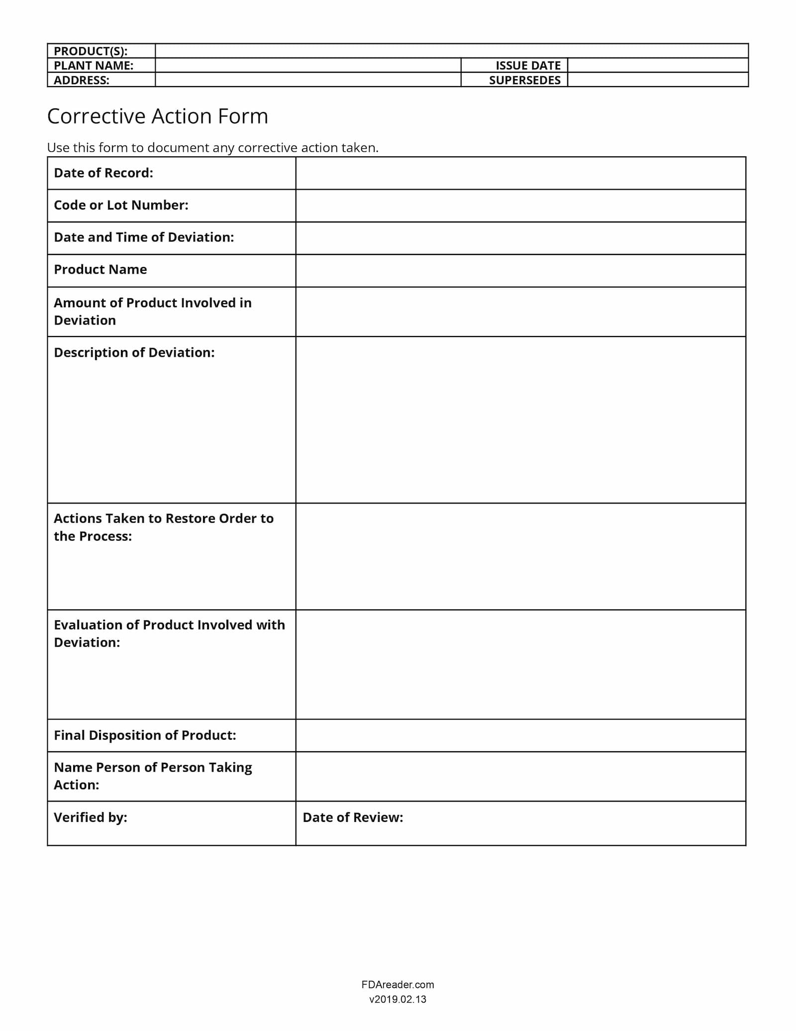 Corrective action form template from the Food and Drug Administration