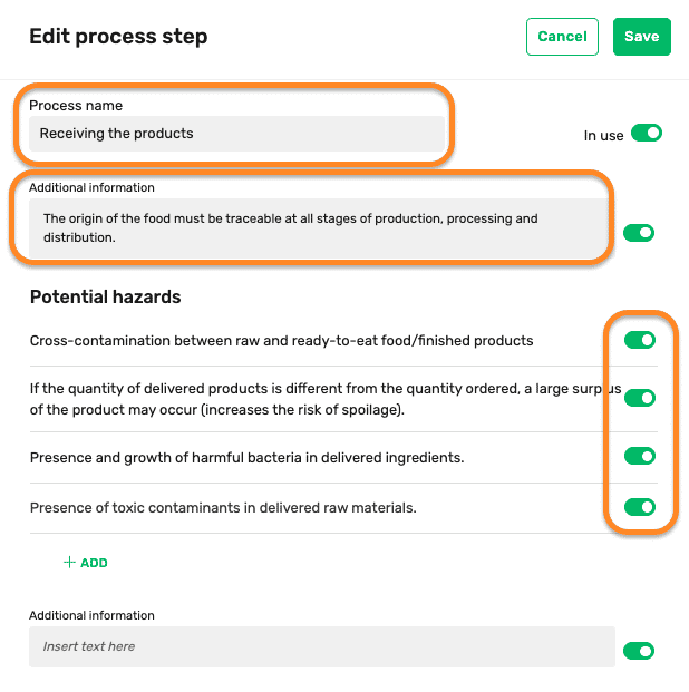 HACCP > How to edit process name, switch on/off hazards