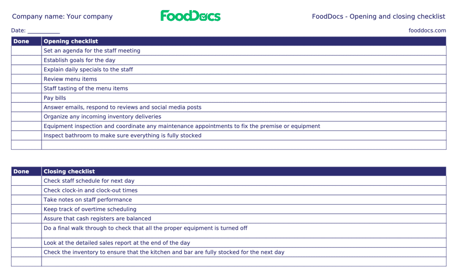 Opening and closing checklist Opening and closing checklist
