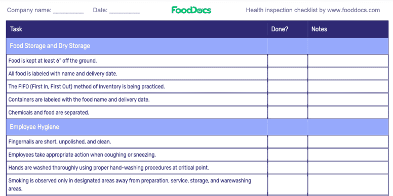 Health inspection checklist