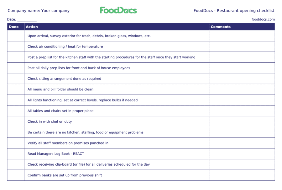 Restaurant opening checklist